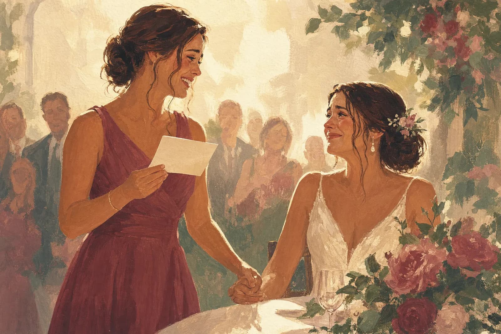 A painted maid of honor holding the bride’s hand while reading her speech at a garden reception.