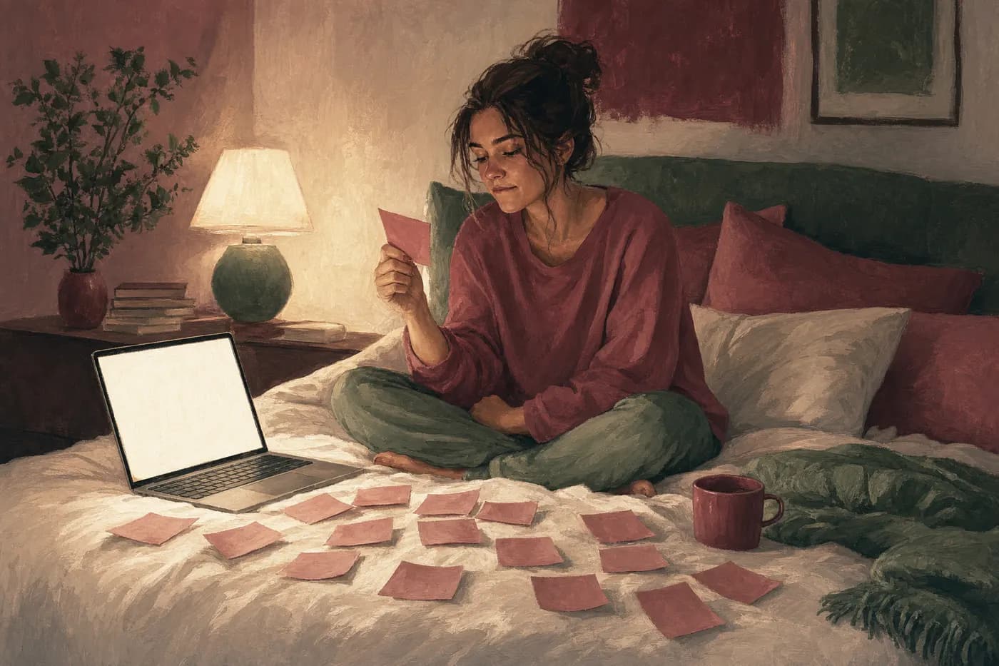 Painted scene of a woman on her bed at night surrounded by sticky notes, laptop open to a blank page