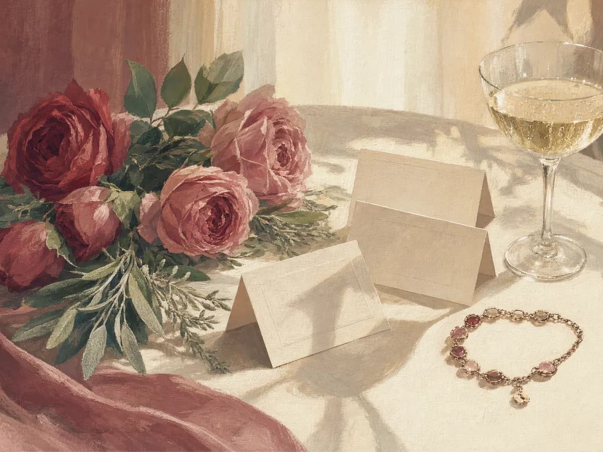 Painted still life of garden roses, sage sprigs, folded speech cards, and a glass of sparkling wine