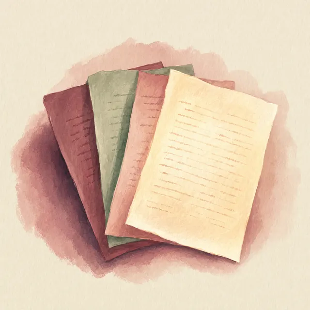 Illustration of four draft pages fanned like a hand of cards