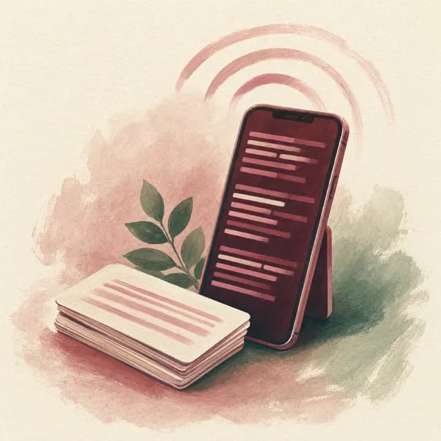 Illustration of a phone showing teleprompter lines beside a stack of flashcards