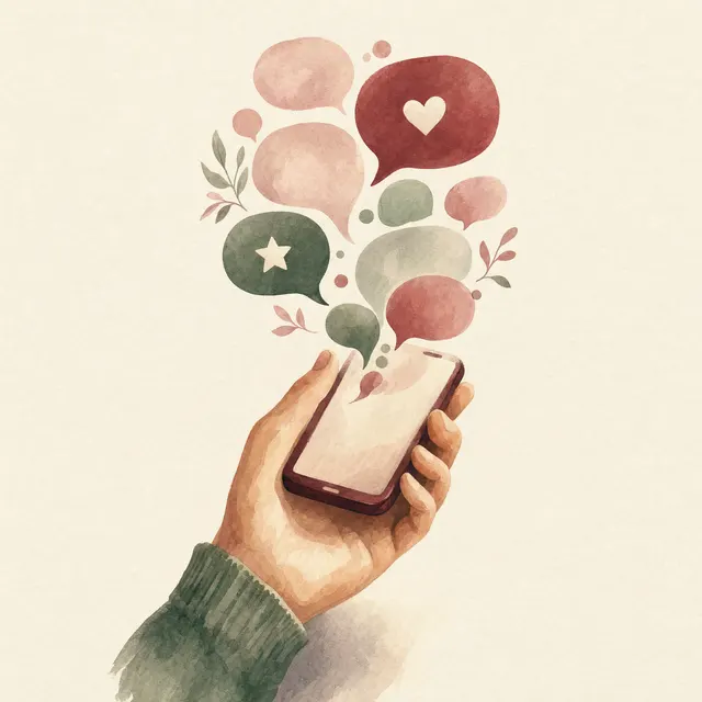 Illustration of a hand holding a phone with speech bubbles rising from it