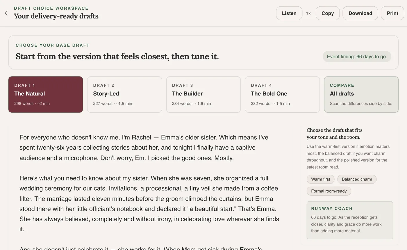 Screenshot of the draft editor showing four maid of honor speech drafts in tabs, an editable draft about the bride, and a delivery coach sidebar